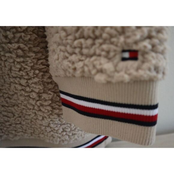 Tommy Hilfiger J2XE0410 Women Sz XL Beige Open-Front Hooded Sherpa/Fleece Jacket - Picture 5 of 9